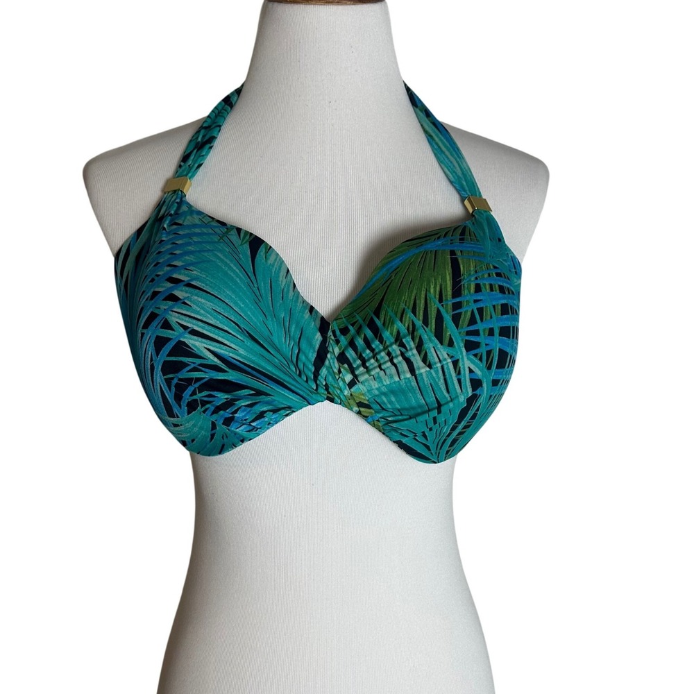 Victoria's Secret Tropical Palm Print Halter Underwire Bikini Top 38DD Teal
